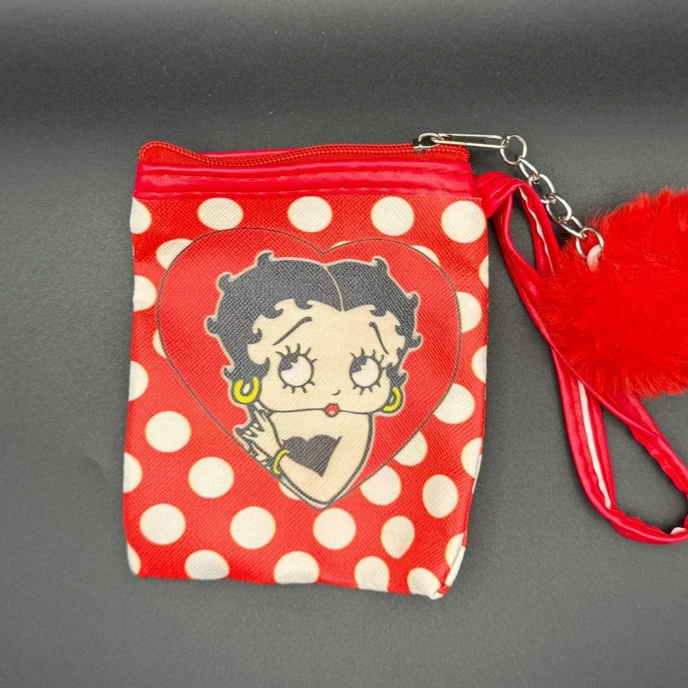 Betty Boop Red White Polka Dot Coin Purse Wallet Pouch with Red Pom Pom Charm - Picture 2 of 2